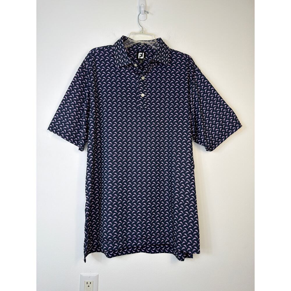 FootJoy Dolphin Print Golf Polo Shirt Dark Blue Pink Mens Large